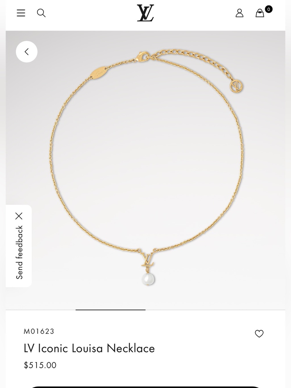 Louis Vuitton Gold LV Pendant Necklace with Pearl Drop